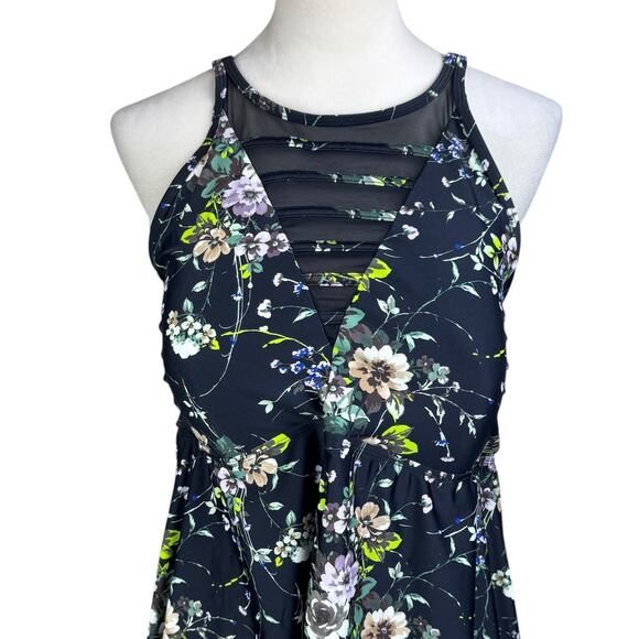 Torrid Black Floral Mesh Inlet High Neck Convertible Strap Tankini Swim Top - Picture 7 of 11